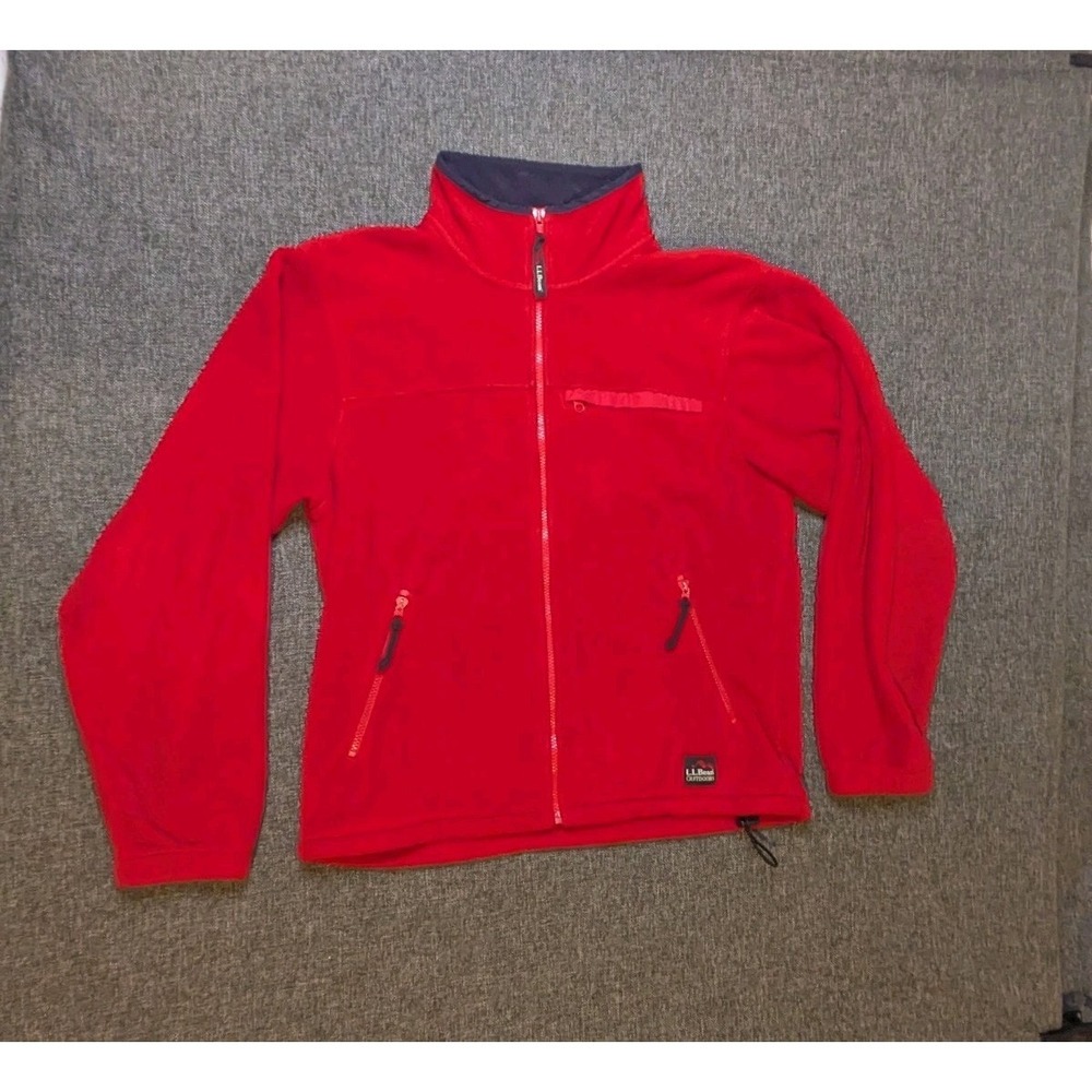 Vintage LL Bean Men's Fleece Medium Jacket Outdoor Red Full-Zip Pockets Hiking